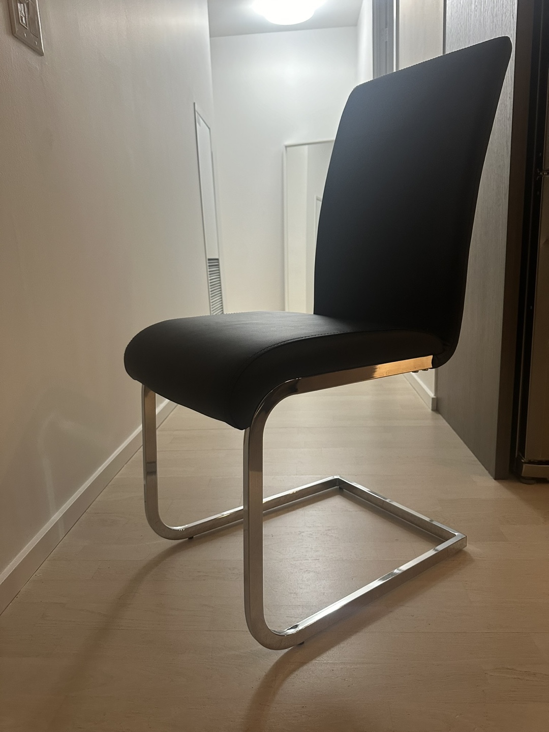Modern Black Leather Dining Chair with Chrome Legs