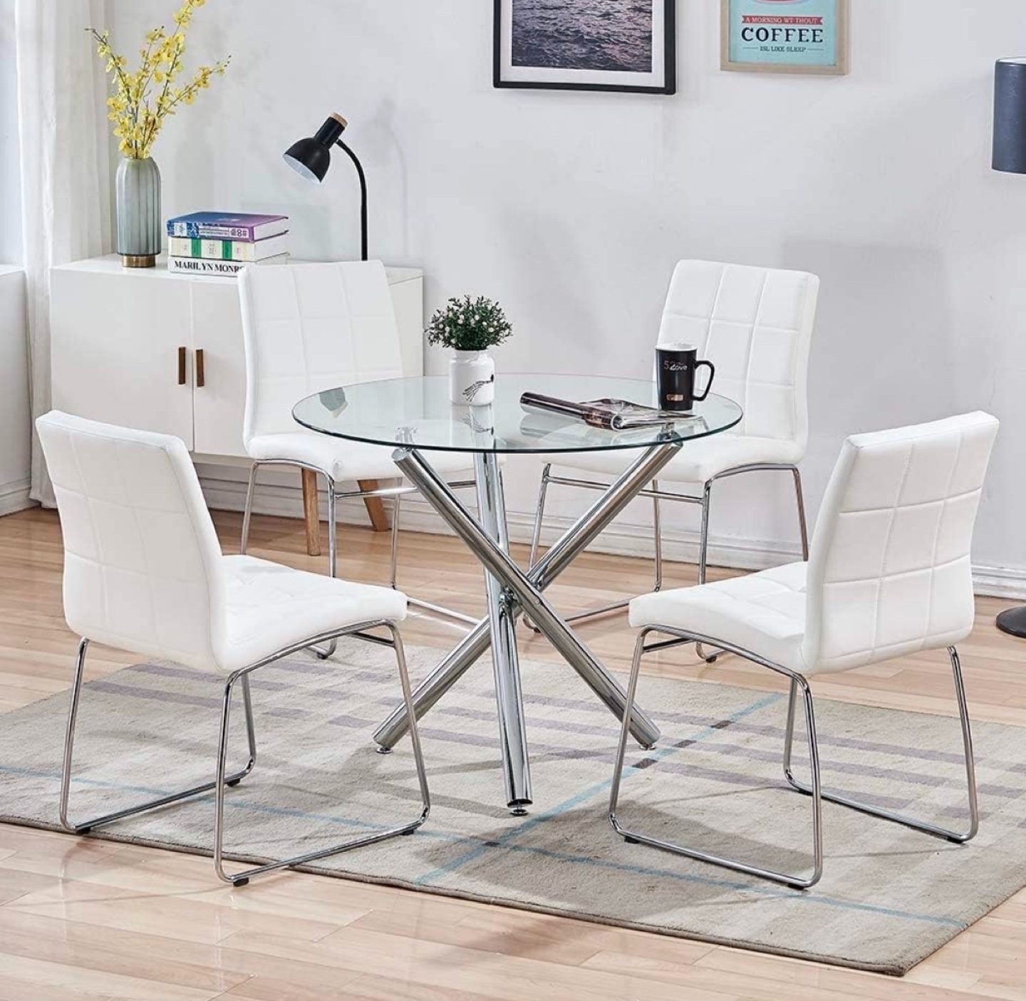 Glass Top Dining Table with Two White Chairs