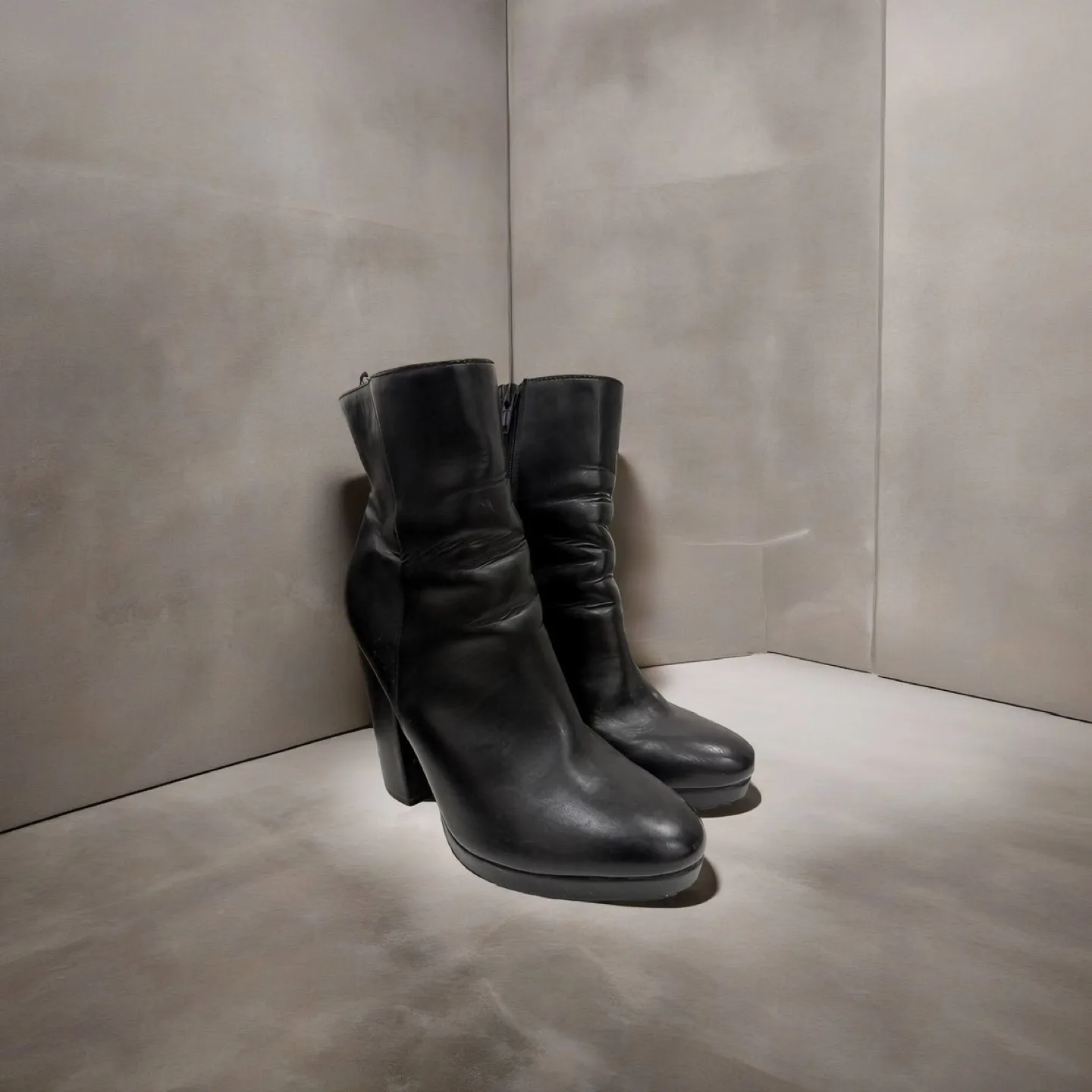 Black Leather Ankle Boots with Block Heels thumbnail