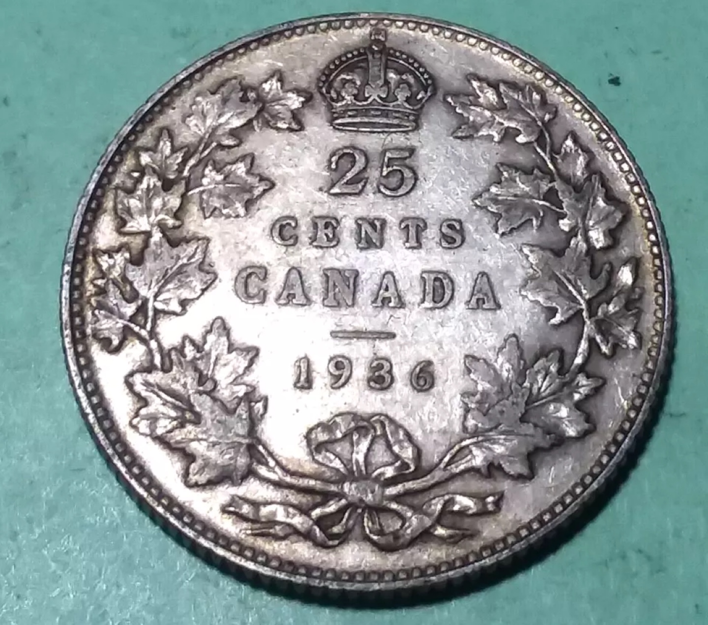 1936 Canadian 25 Cent Silver Coin - photo 2