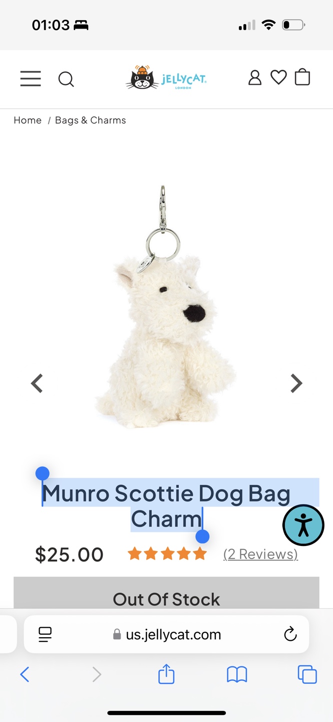 Jellycat Munro Scottie Dog Bag Charm brand new