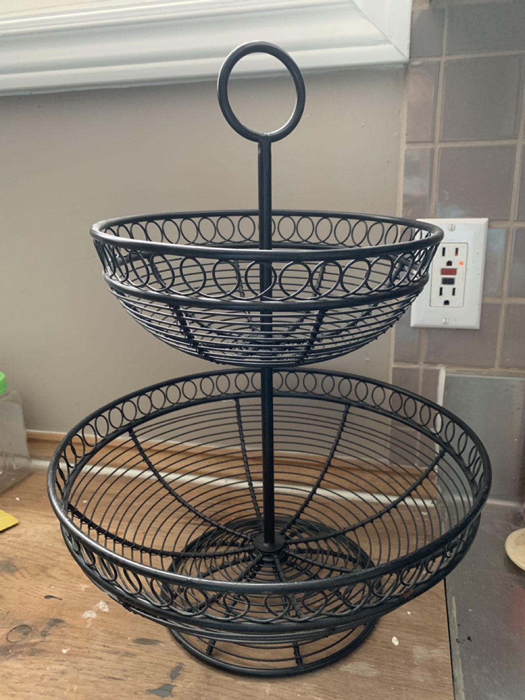 Two-Tiered Black Metal Wire Basket Stand