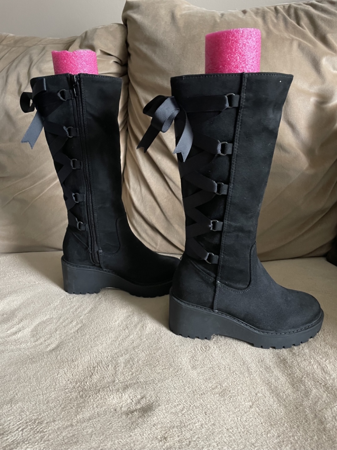 Black Suede Knee-High Wedge Boots with Lace-Up Detail