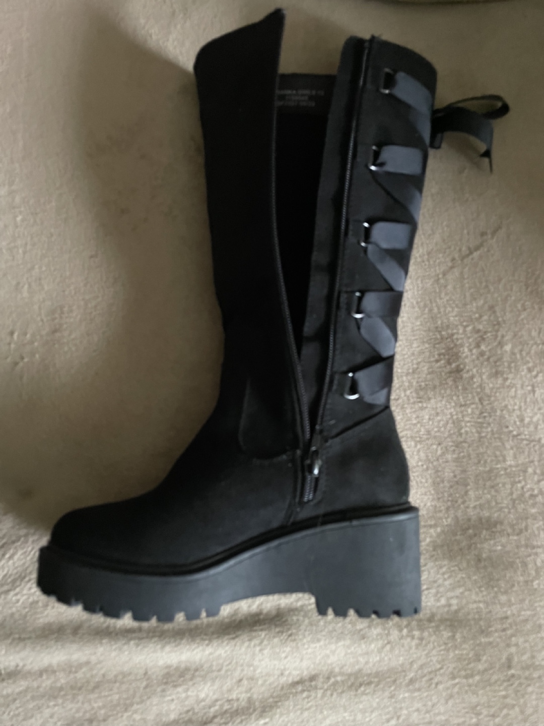 Black Suede Knee-High Wedge Boots with Lace-Up Detail - photo 5