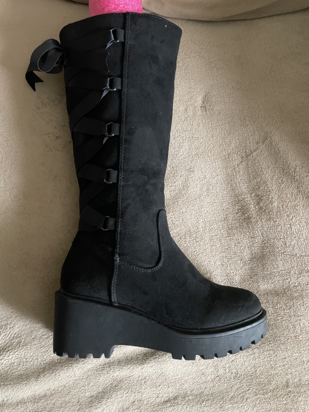 Black Suede Knee-High Wedge Boots with Lace-Up Detail - photo 4