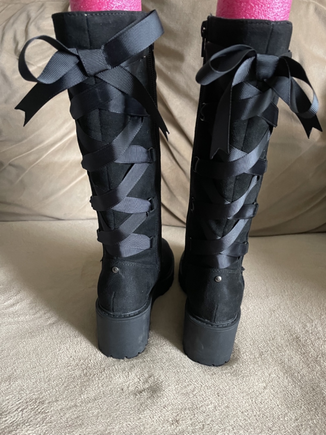 Black Suede Knee-High Wedge Boots with Lace-Up Detail - photo 2