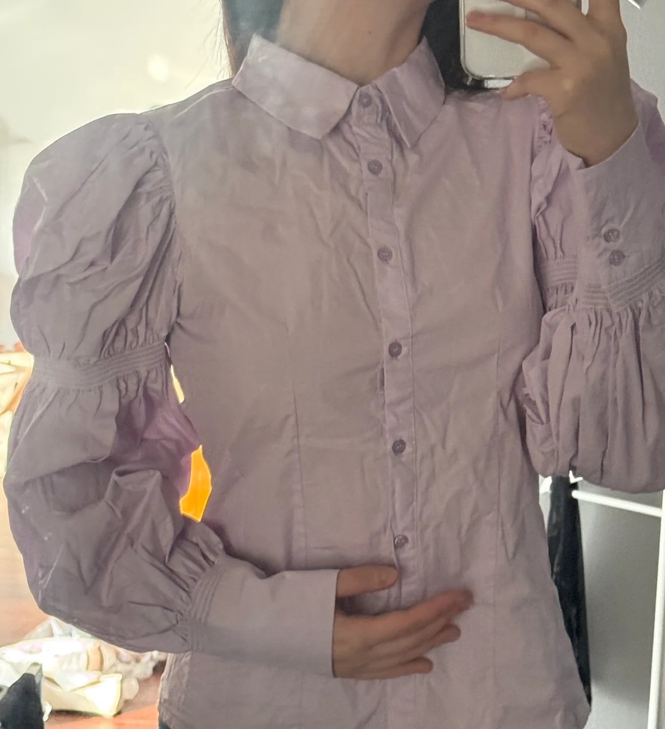 Lavender Puff Sleeve Button-Up Blouse image indicator(2)
