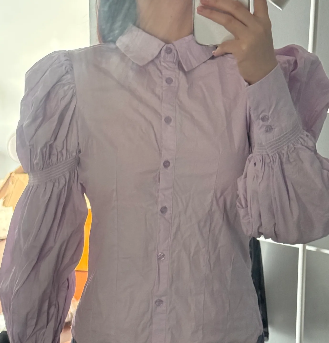 Lavender Puff Sleeve Button-Up Blouse image indicator(3)