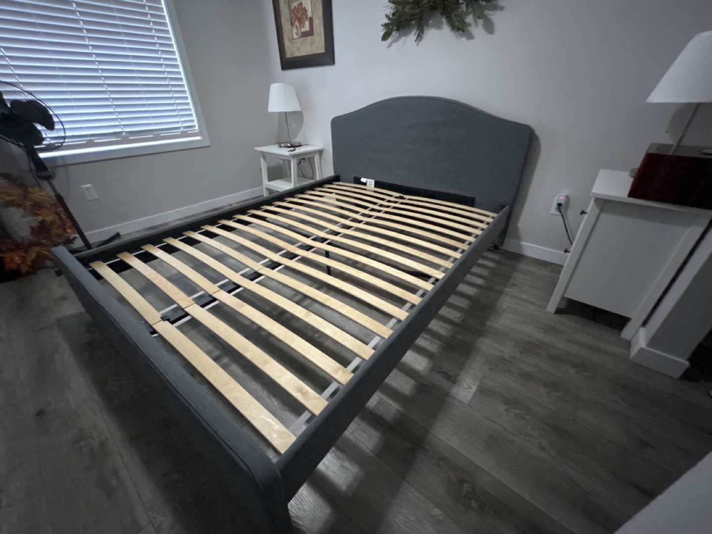 Queen Size Grey Upholstered Bed Frame with Slats - photo 5