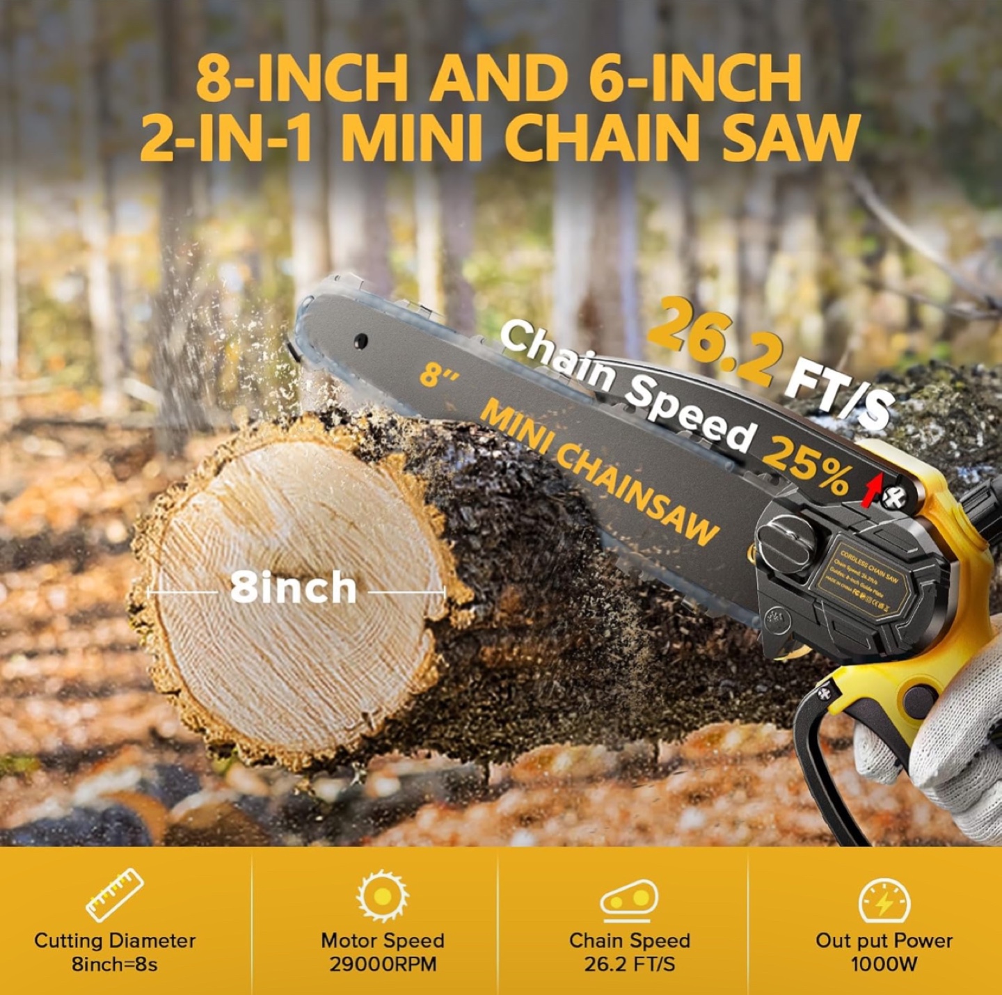 8" and 6" 2-in-1 Cordless Mini Chainsaw - 1000W - photo 2