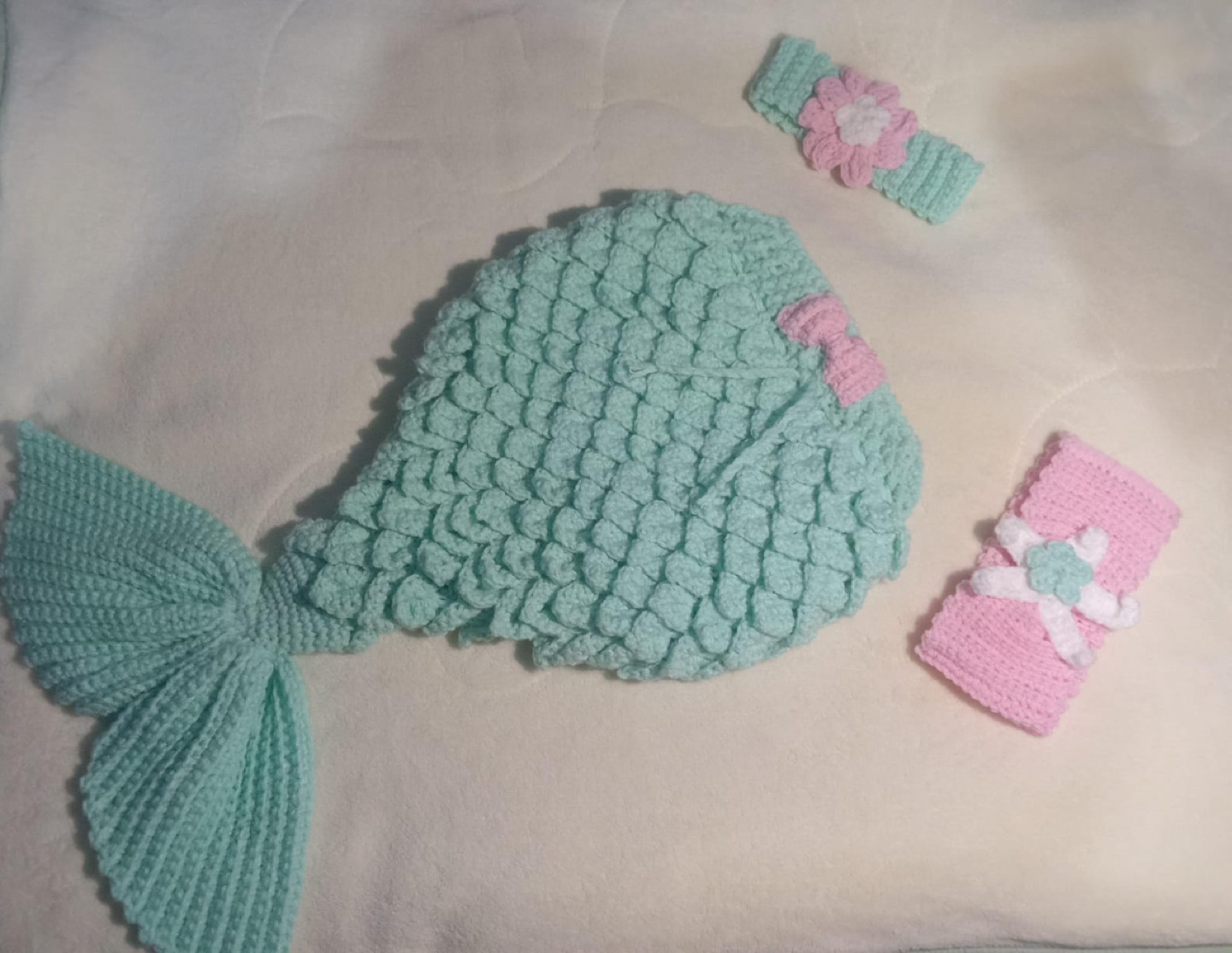 Handmade Crochet Mermaid Tail Costume with Headband Set