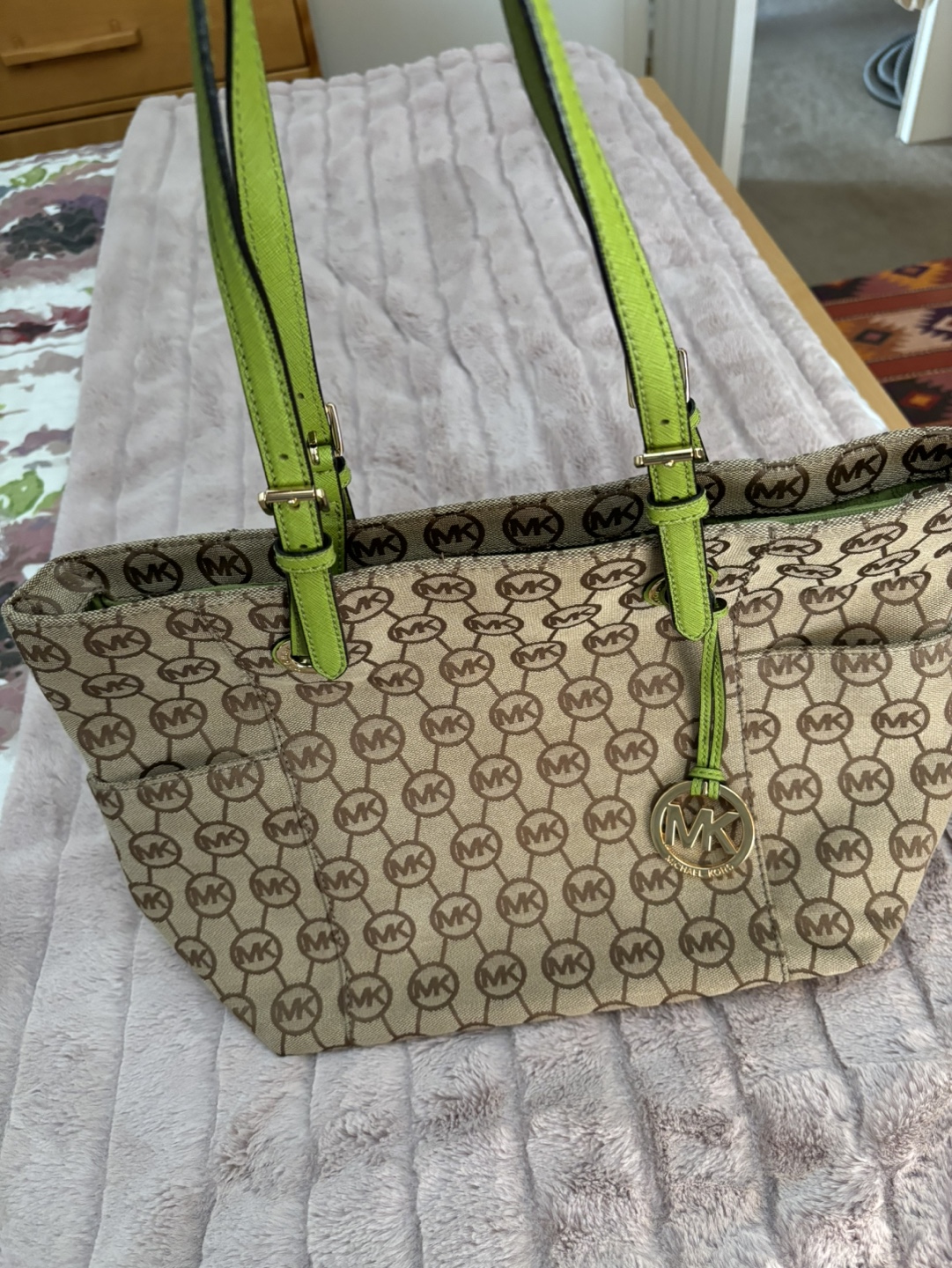 Michael Kors Beige and Lime Green Tote Bag