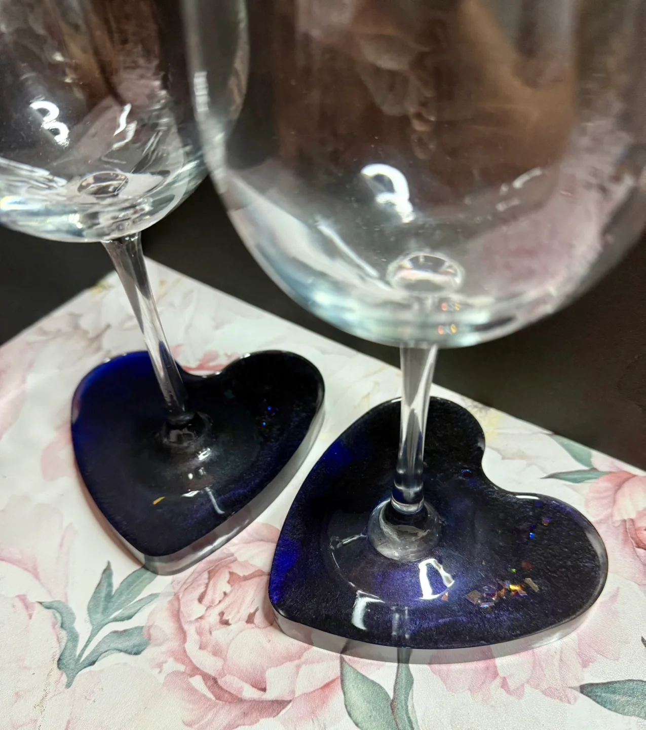Champagne flutes with handmade resin heart coasters image indicator(2)
