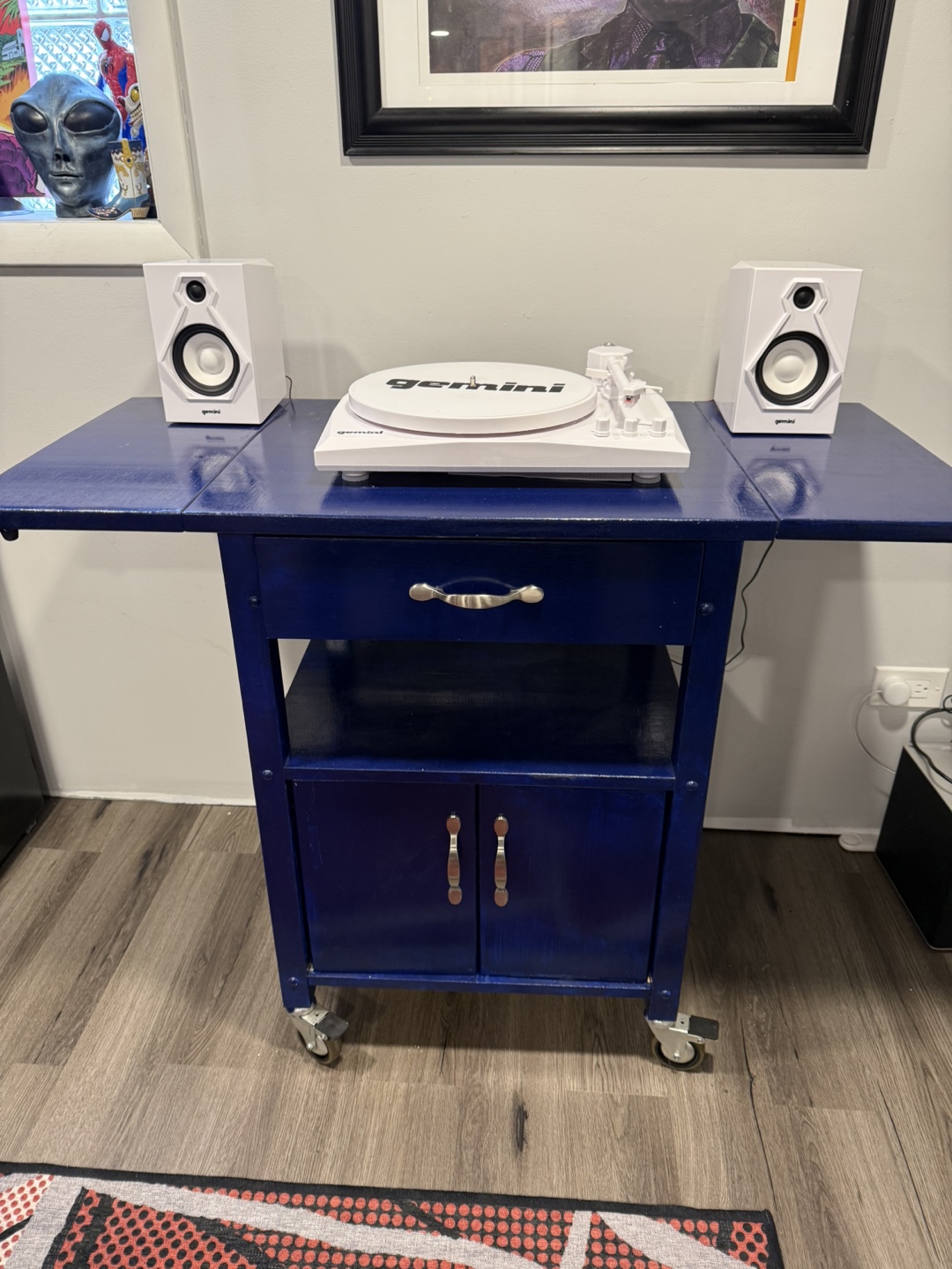 Blue Rolling Cart with Fold-Down Top