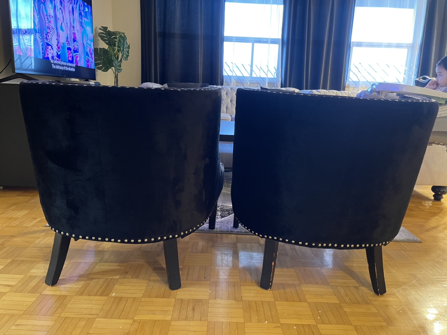 Pair of Black Velvet Accent Chairs with Crystal Studs - photo 3