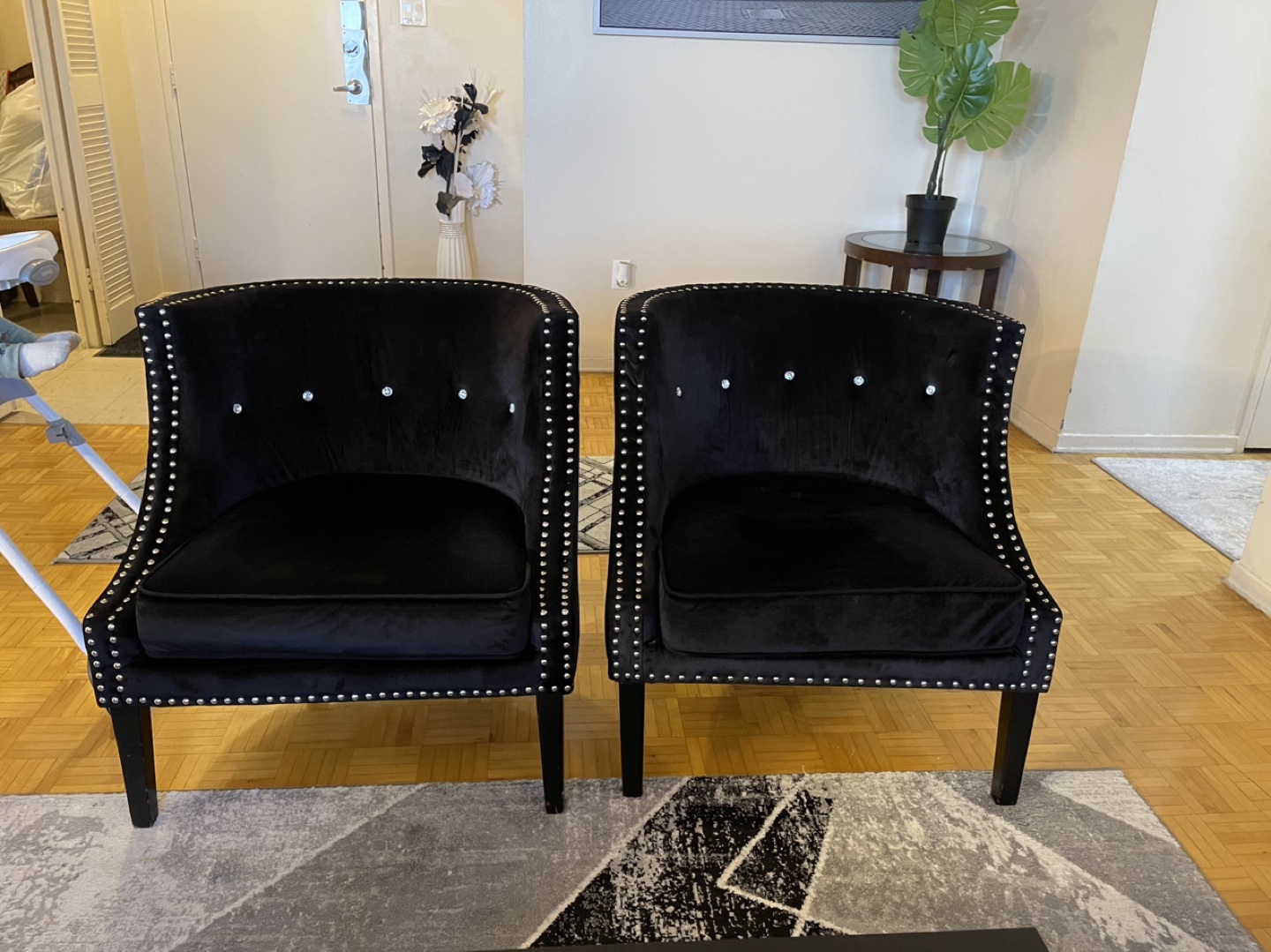Pair of Black Velvet Accent Chairs with Crystal Studs