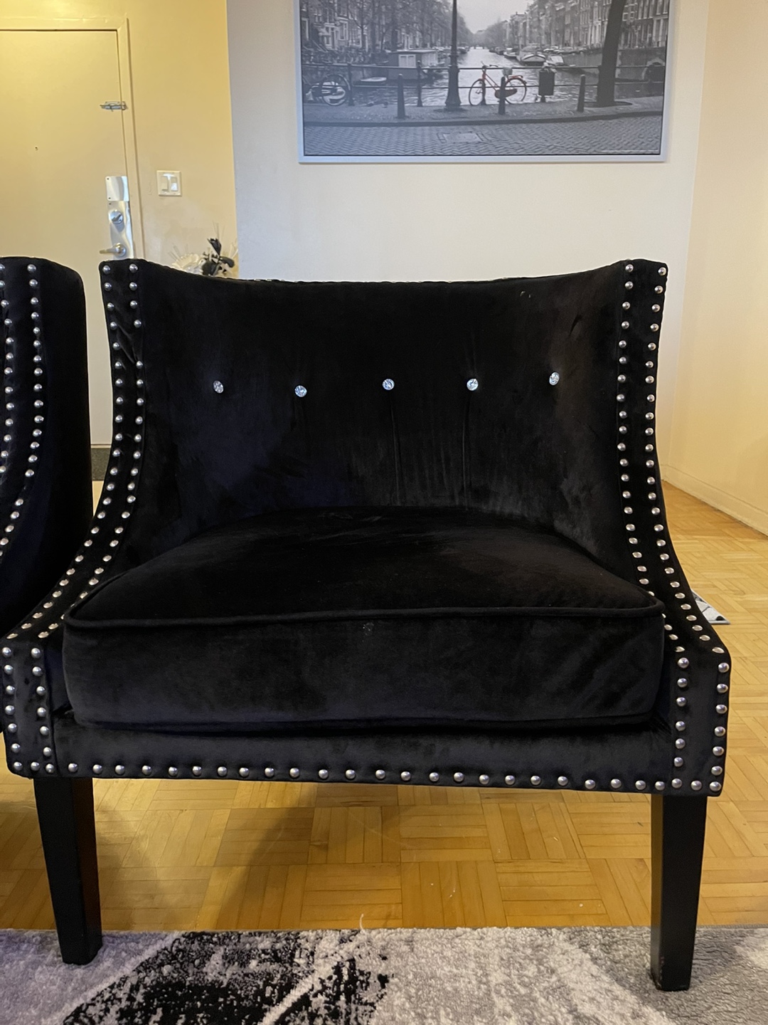 Pair of Black Velvet Accent Chairs with Crystal Studs - photo 2