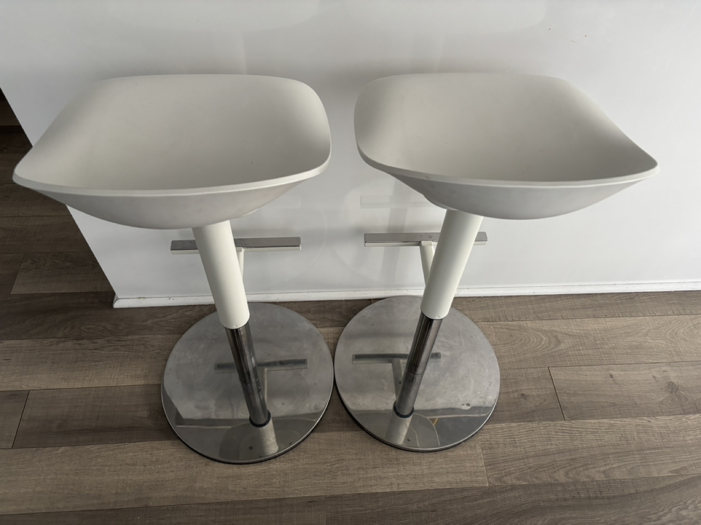 Pair of Modern White Bar Stools with Chrome Base