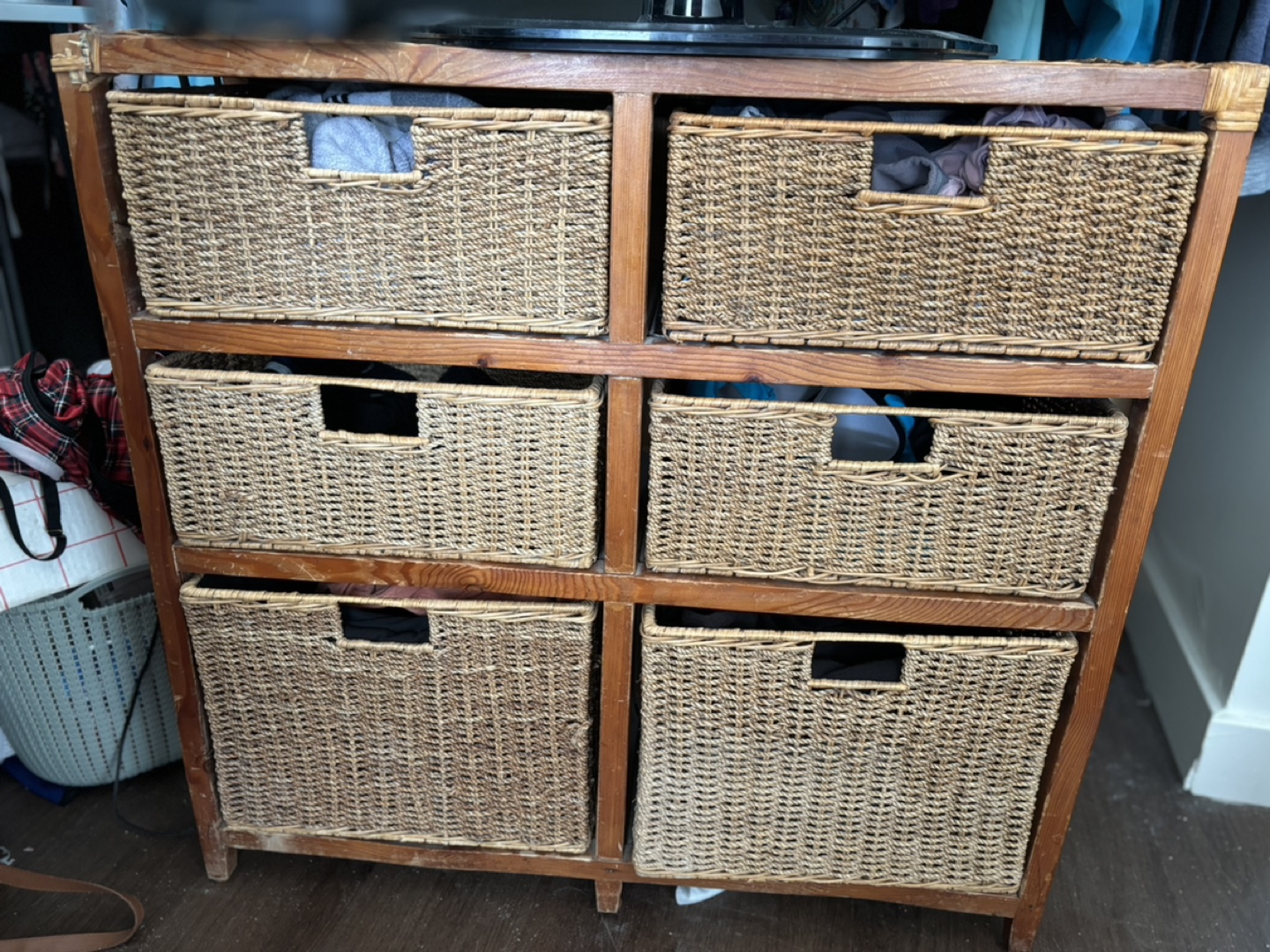 Wooden Storage Unit with Woven Baskets