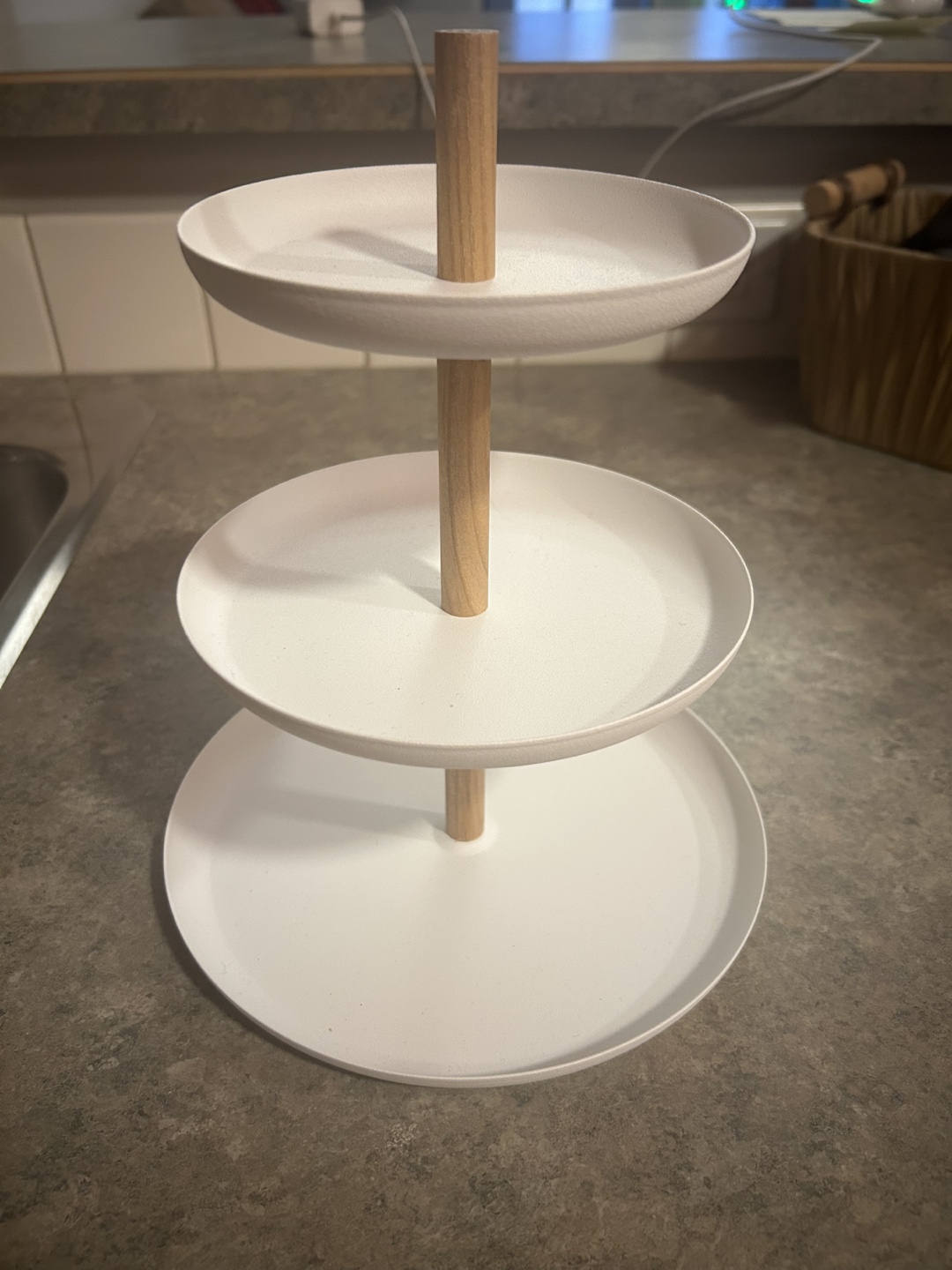 Three-Tiered White Serving Stand with Wooden Centre Pole