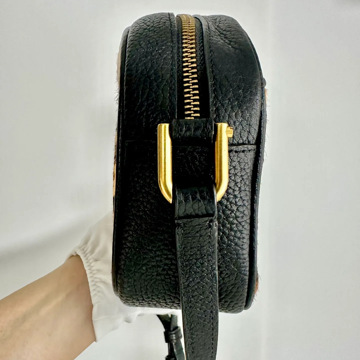 J Crew Devon Camera Bag Leopard Cow Hair Leather Crossbody Bag image indicator(4)