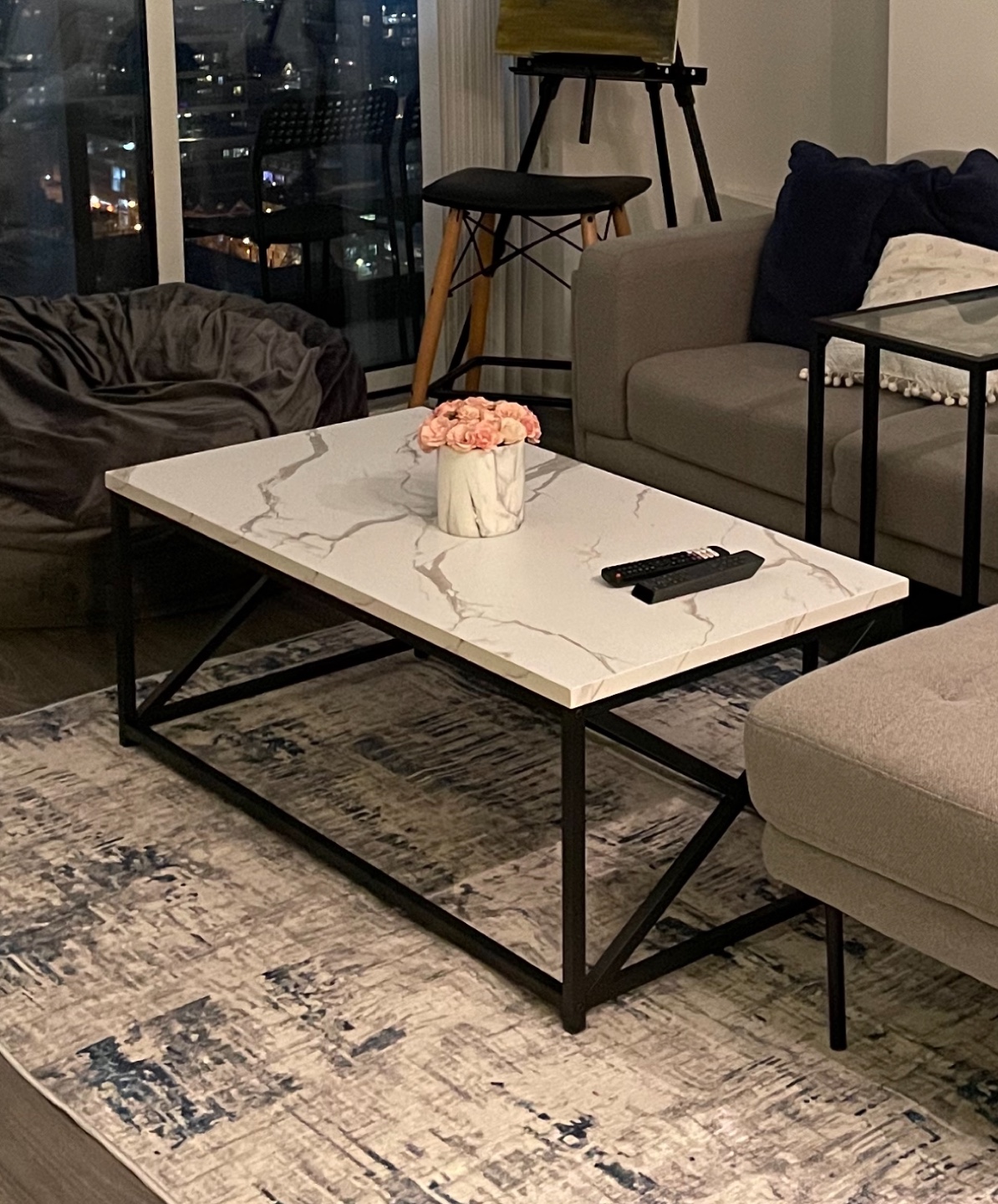Modern Coffee Table - White Marble Top & Black Metal Frame