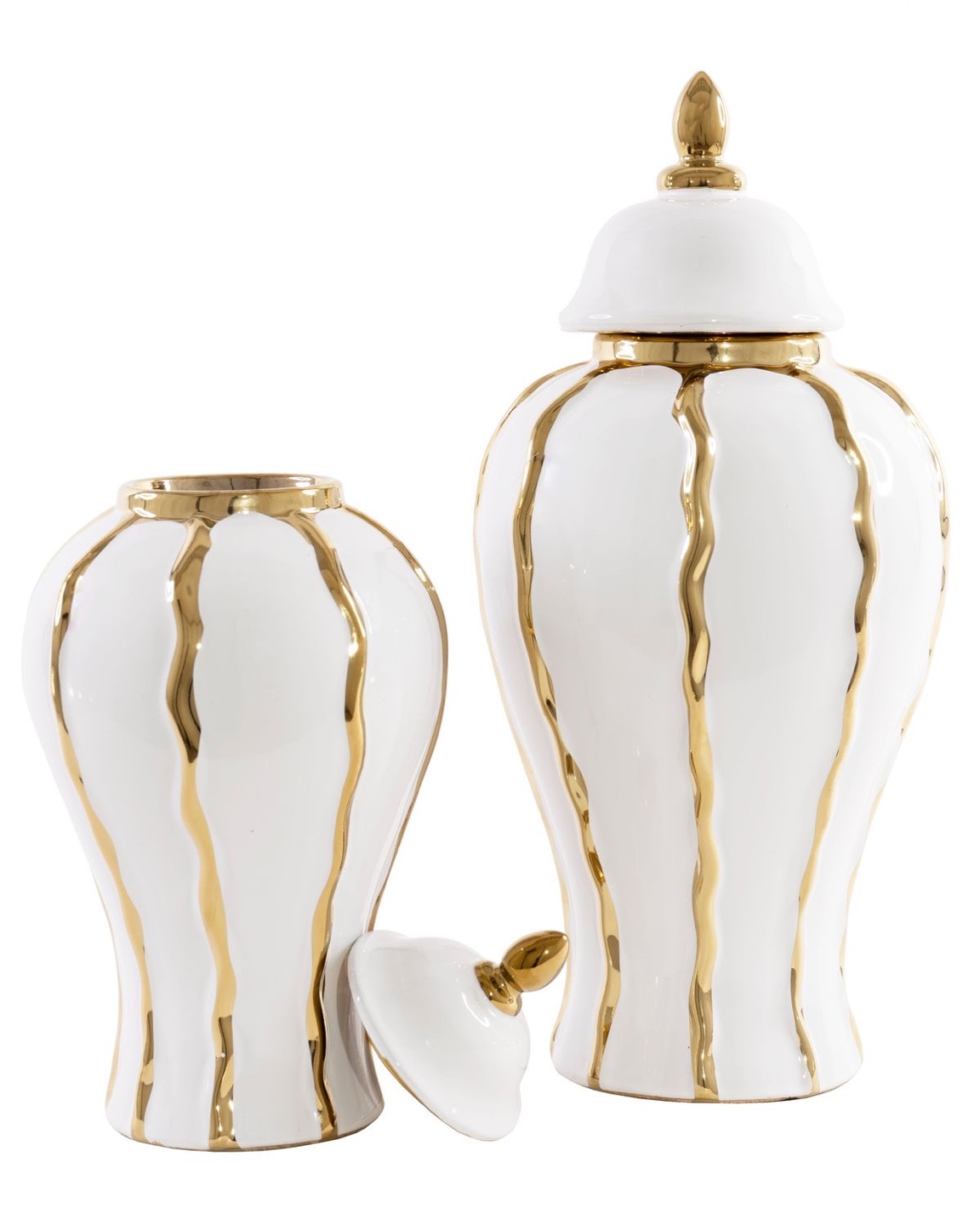 Elegant White and Gold Ceramic Jars with Lids