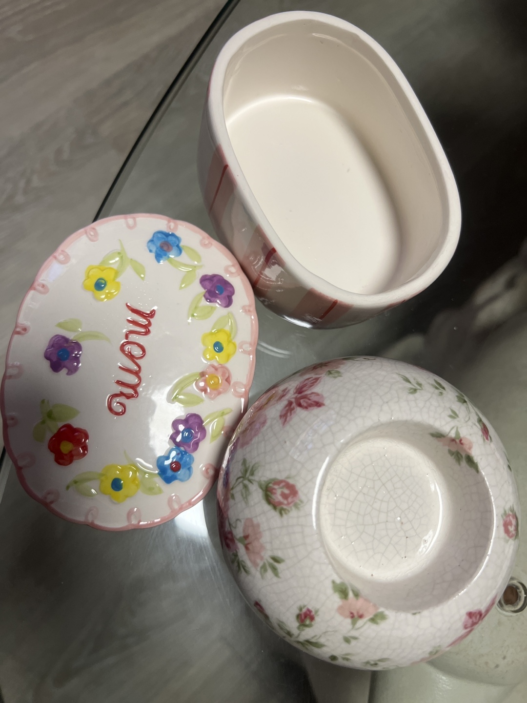 Set of 2 Ceramic Trinket Boxes - Floral & Mom Design