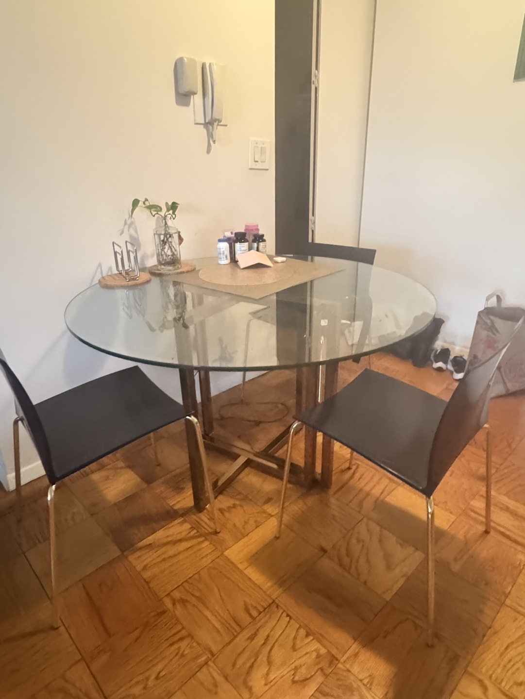 Glass and Dull Gold Top Dining Table with three Chairs - photo 2