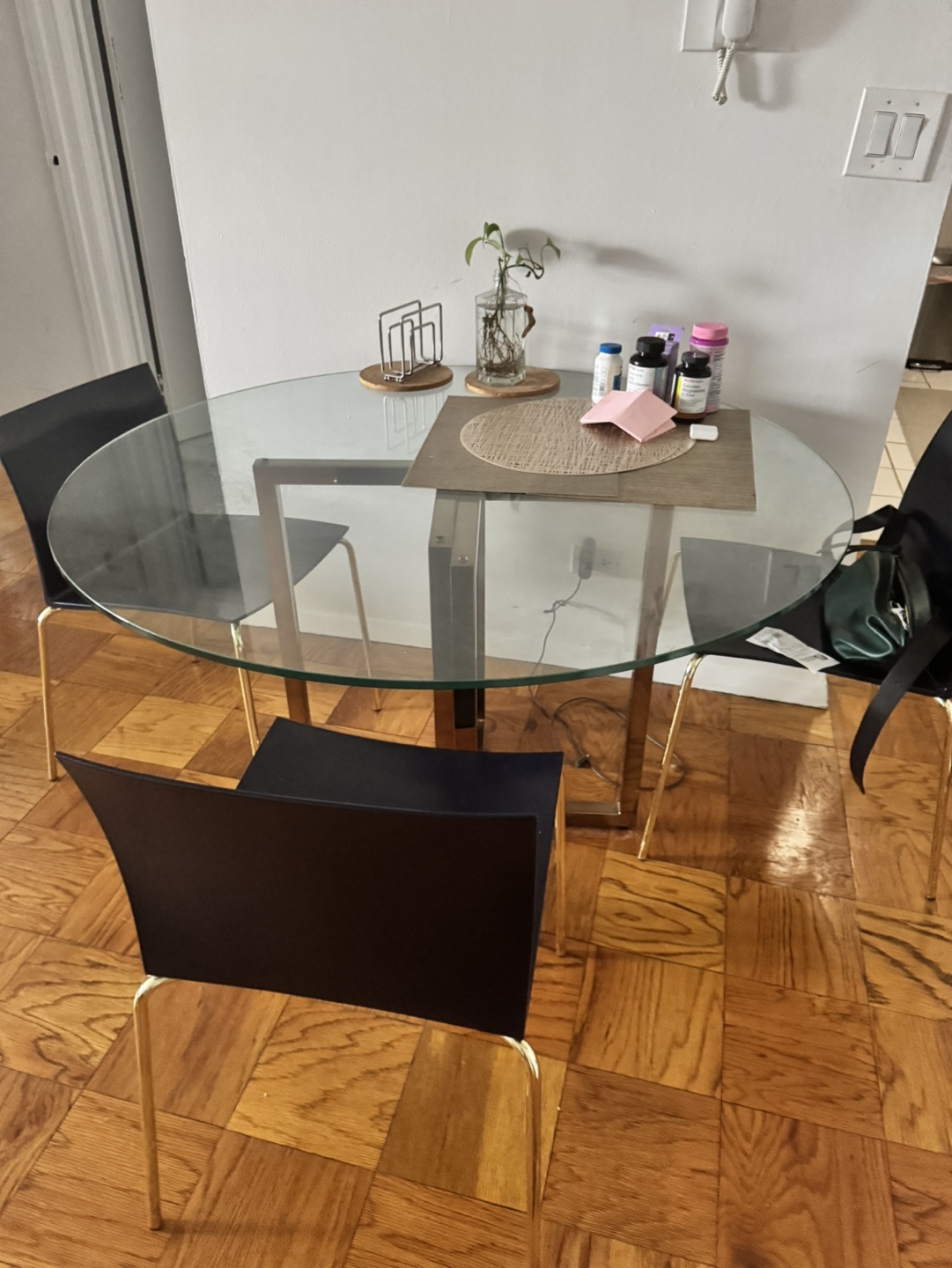 Glass and Dull Gold Top Dining Table with three Chairs - photo 3