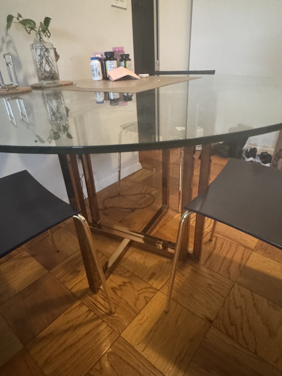 Glass and Dull Gold Top Dining Table with three Chairs