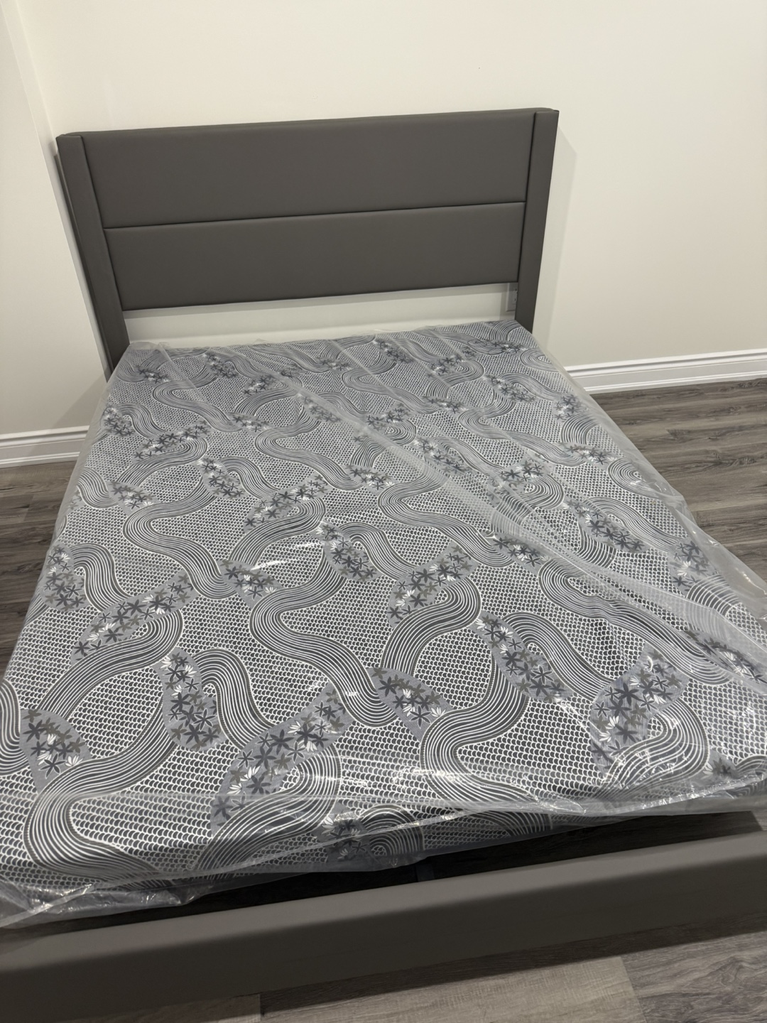 Brand new Grey platform bed frame, queen size  new mattress.