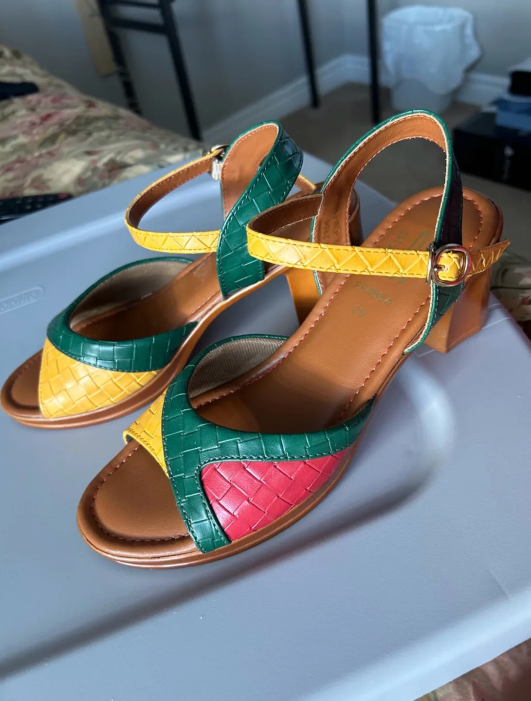 Women's Multicoloured Woven Block Heel Sandals - Size 39 thumbnail