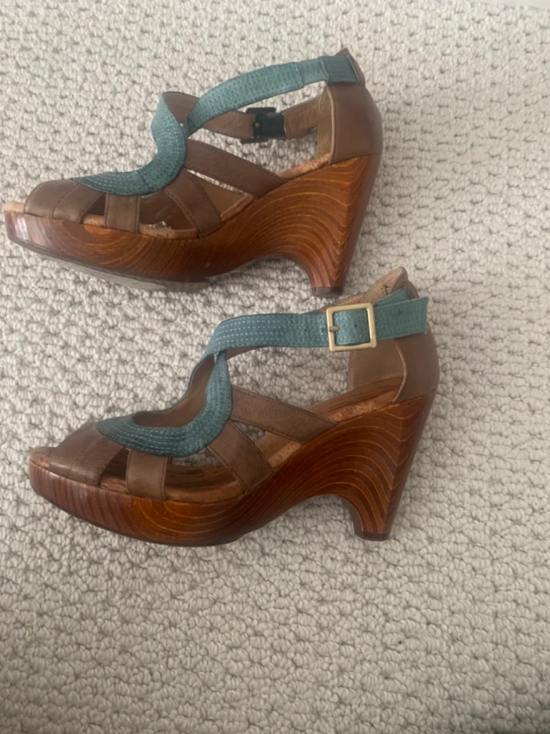 Miz Mooz Brown and Teal Leather Wedge Sandals image indicator(3)