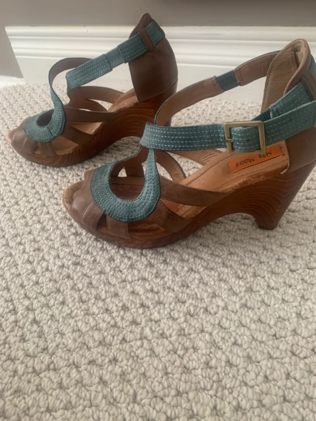 Miz Mooz Brown and Teal Leather Wedge Sandals image indicator(2)