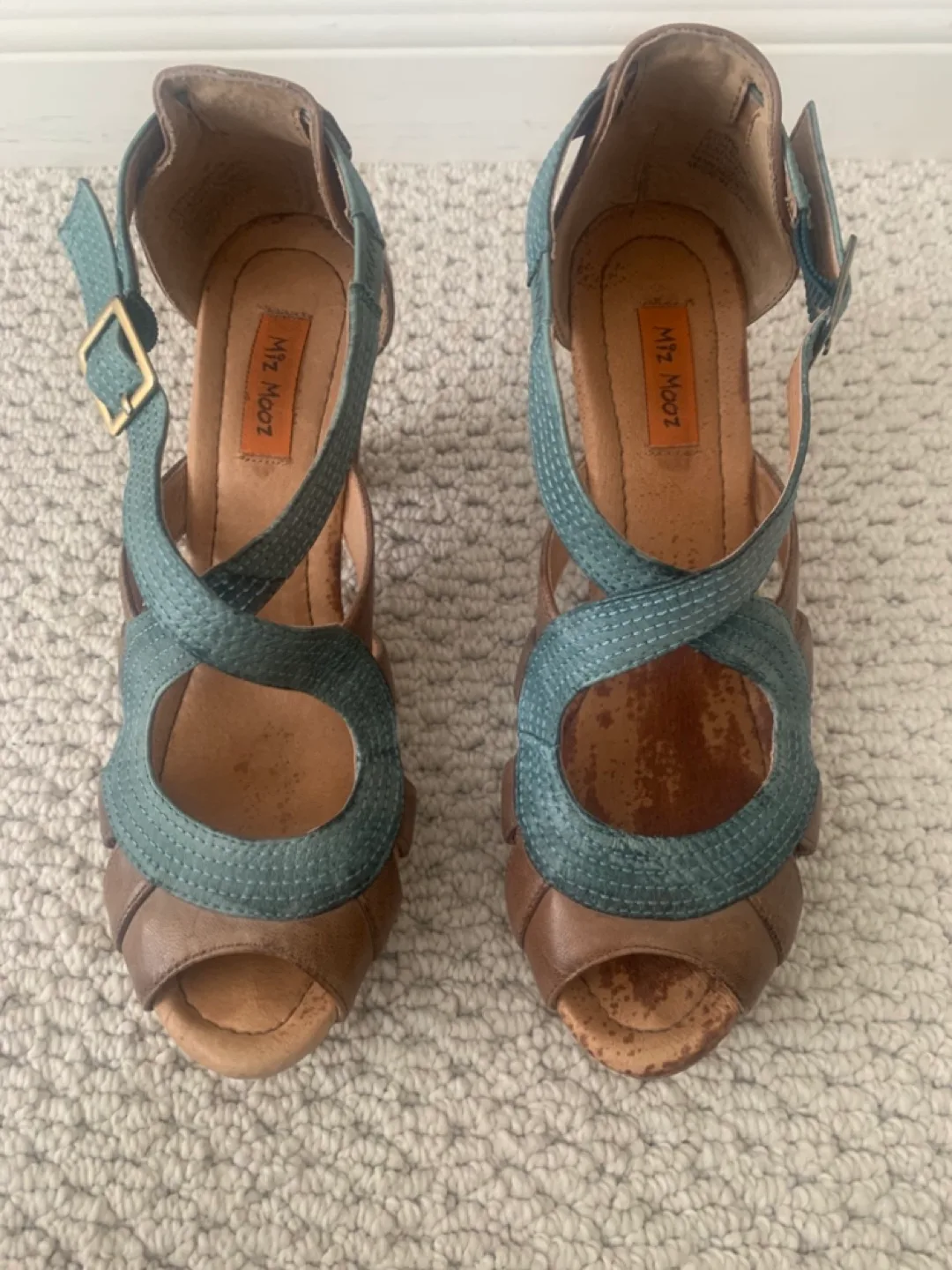 Miz Mooz Brown and Teal Leather Wedge Sandals thumbnail