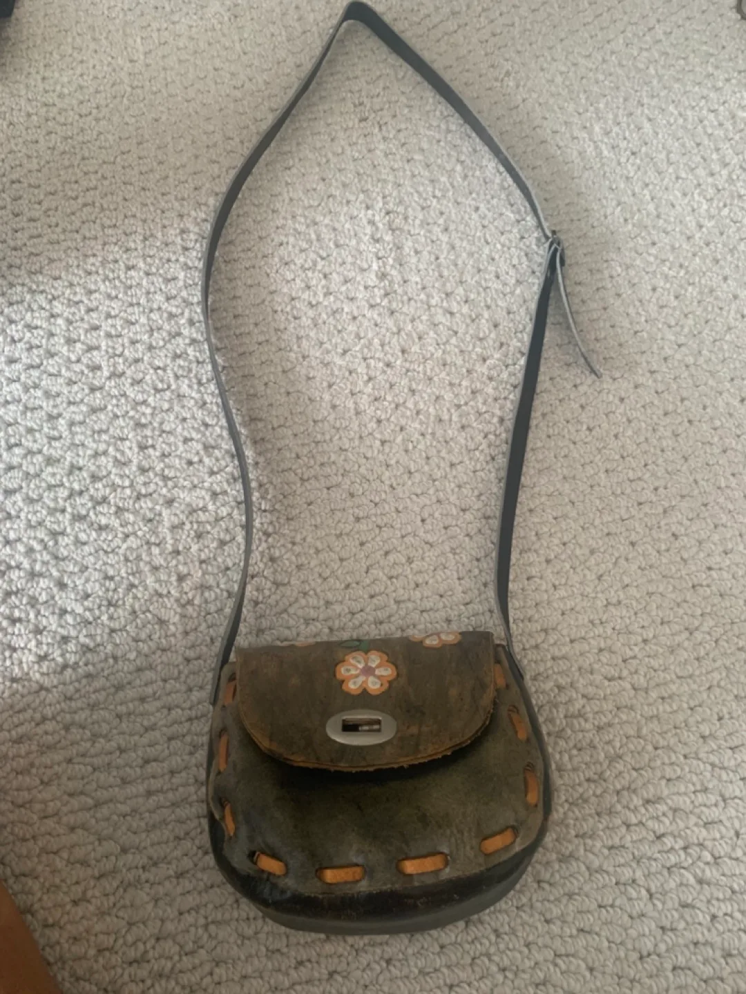 Vintage Leather Crossbody Bag with Floral Detail thumbnail