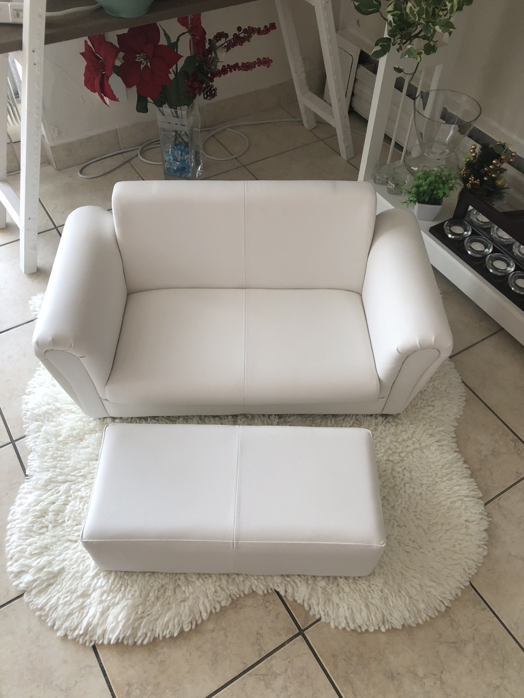 Kids White Faux Leather Sofa and Ottoman Set