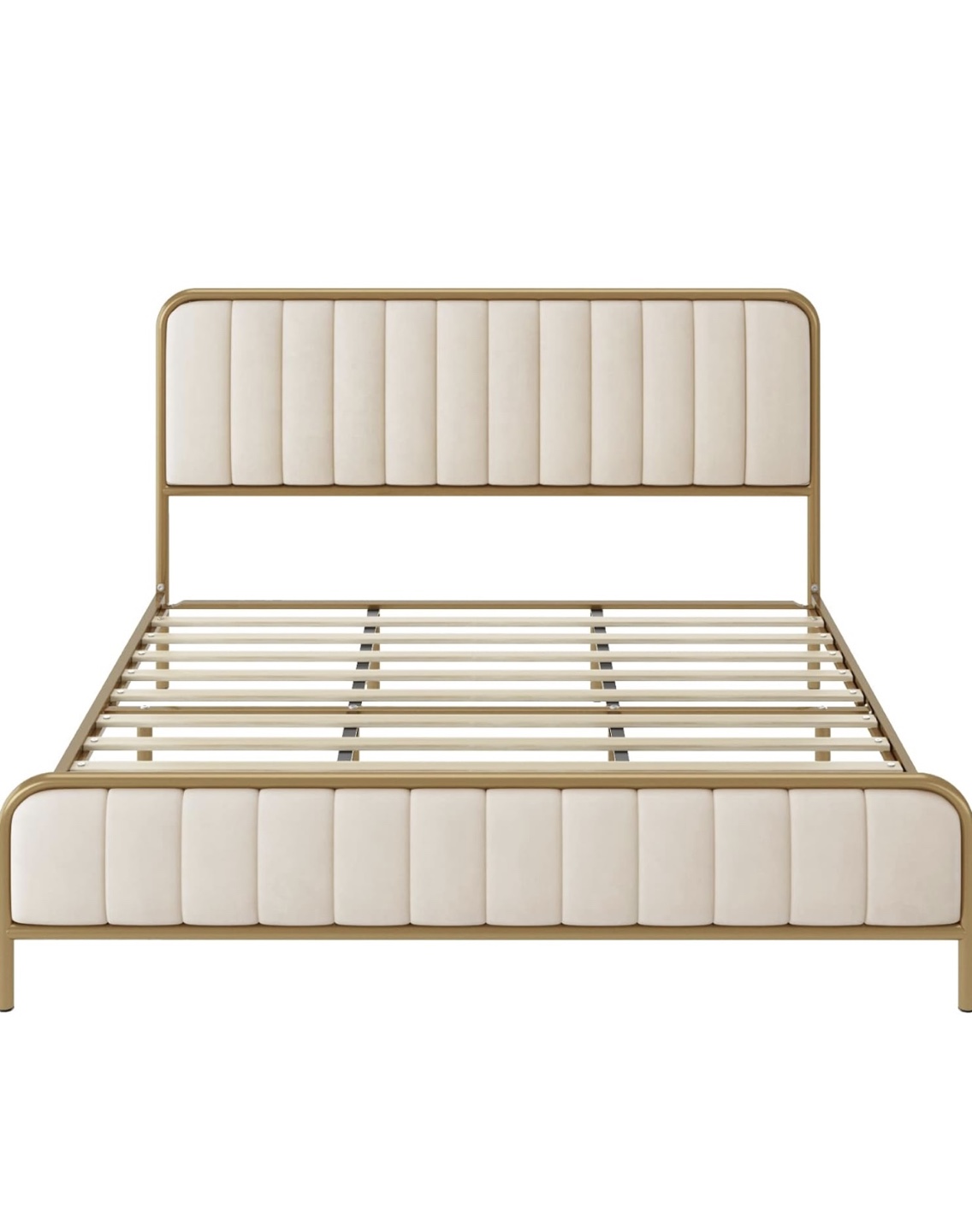 Queen Size Metal Bed Frame with Upholstered Headboard - Gold
