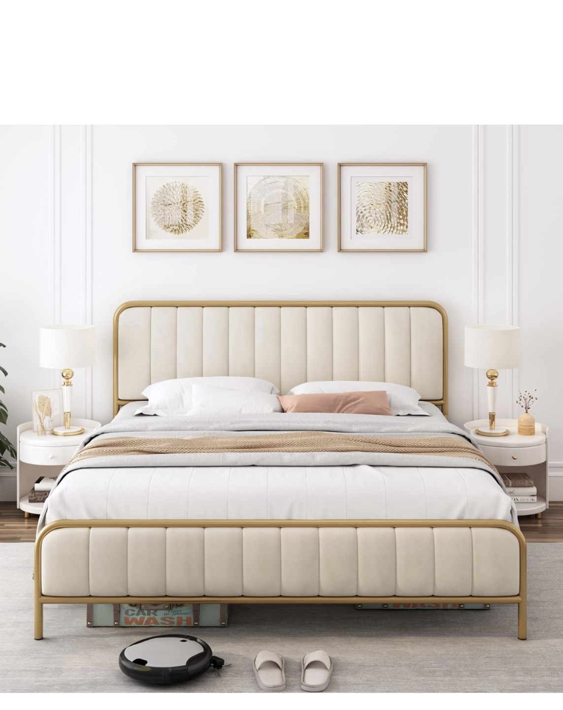 Queen Size Metal Bed Frame with Upholstered Headboard - Gold - photo 2