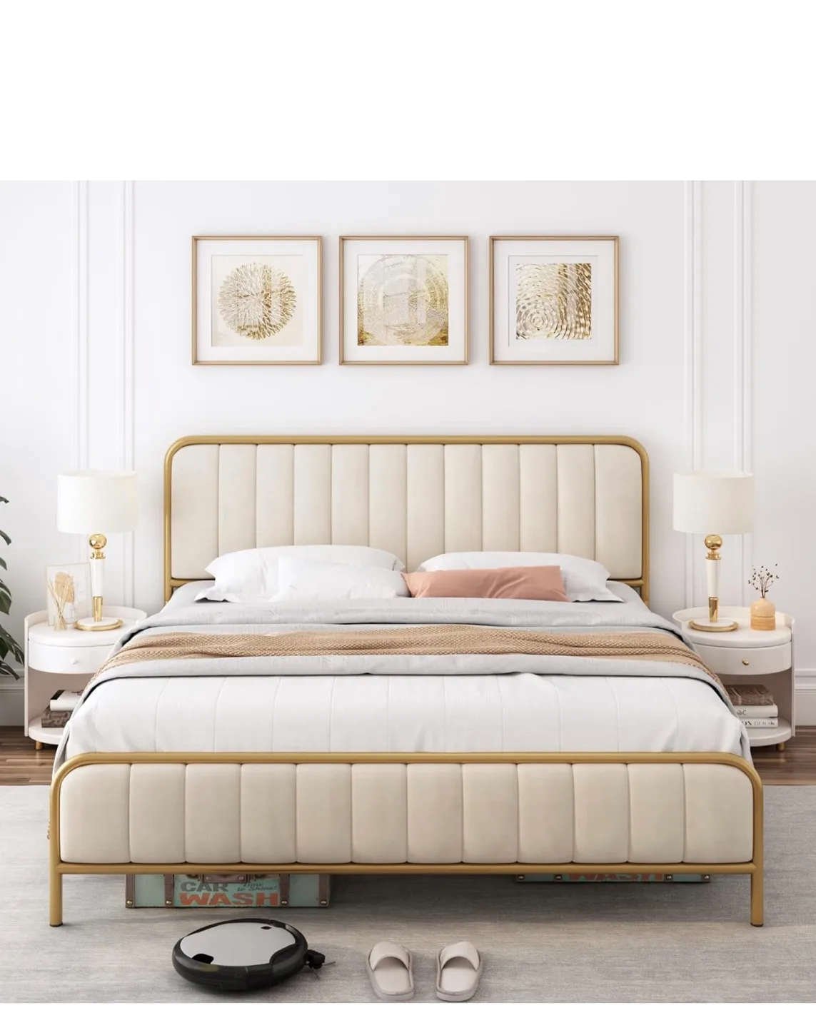 Queen Size Metal Bed Frame with Upholstered Headboard - Gold image indicator(2)