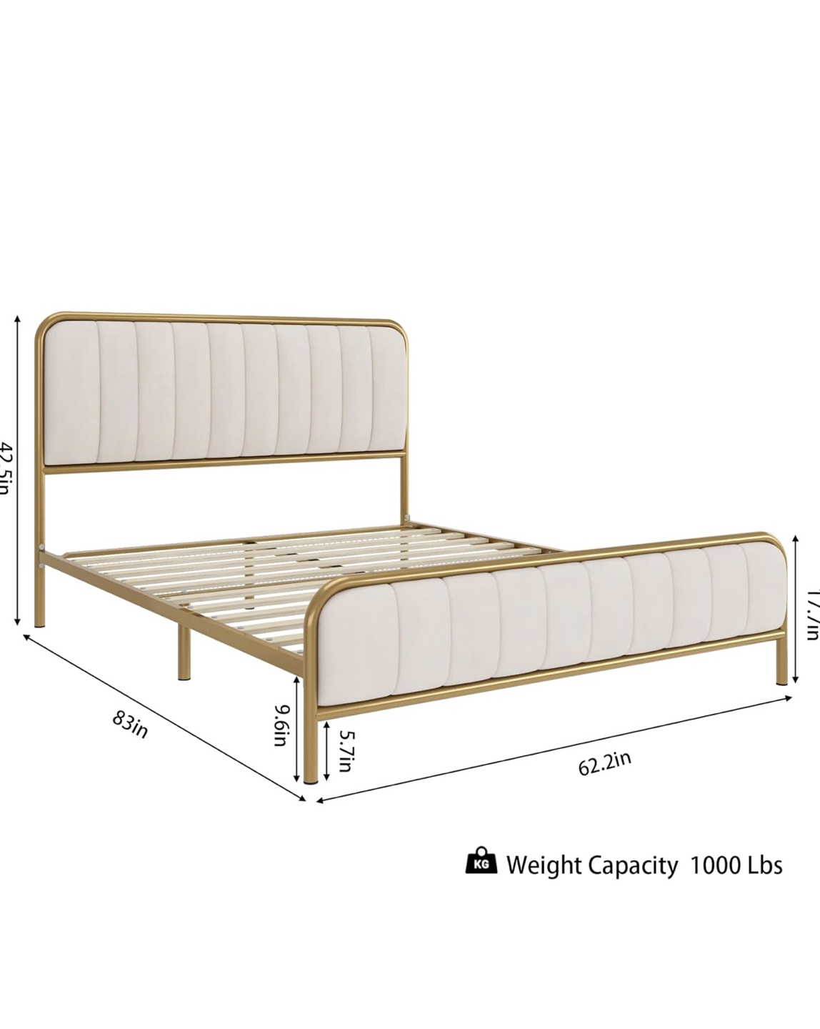 Queen Size Metal Bed Frame with Upholstered Headboard - Gold - photo 3