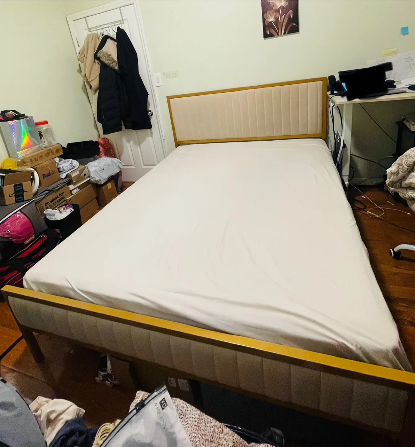 Queen Size Metal Bed Frame with Upholstered Headboard - Gold image indicator(4)