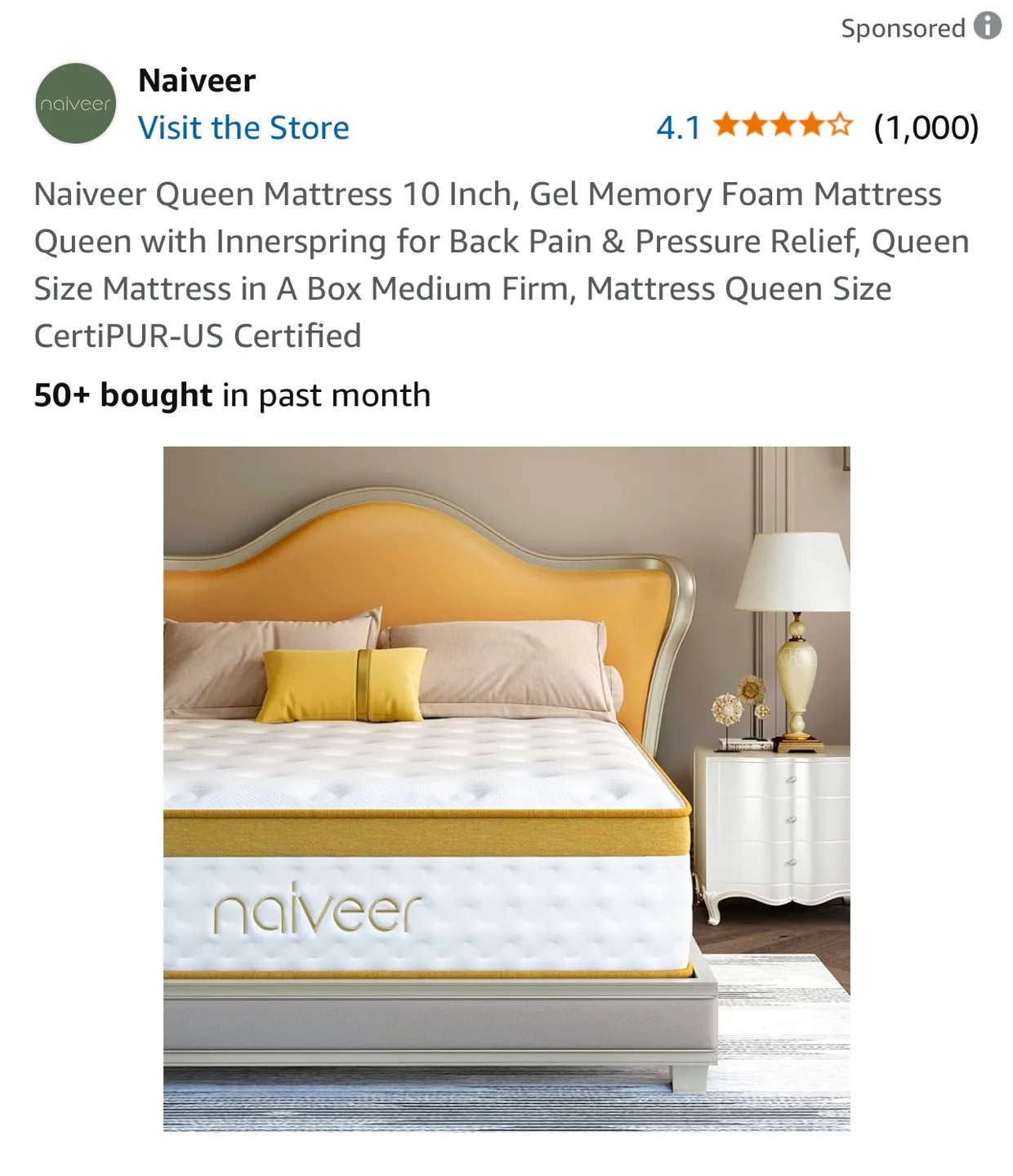Naiveer Queen Mattress 10 Inch Gel Memory Foam Mattress thumbnail
