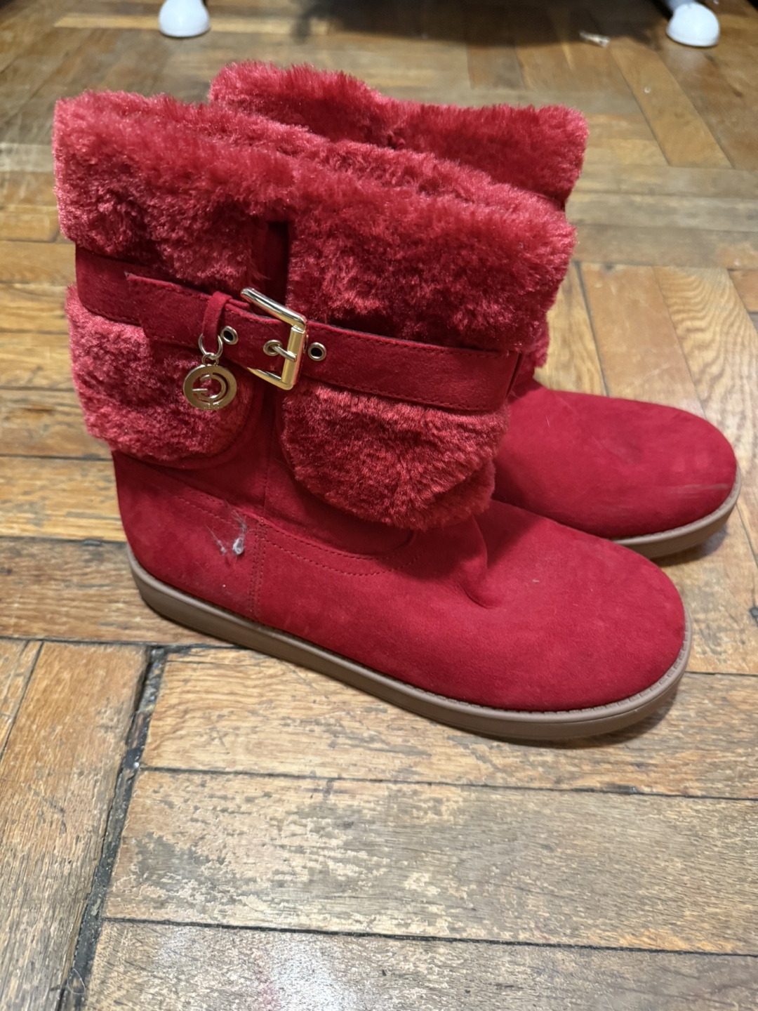 Red Faux Fur Trimmed Buckle Boots