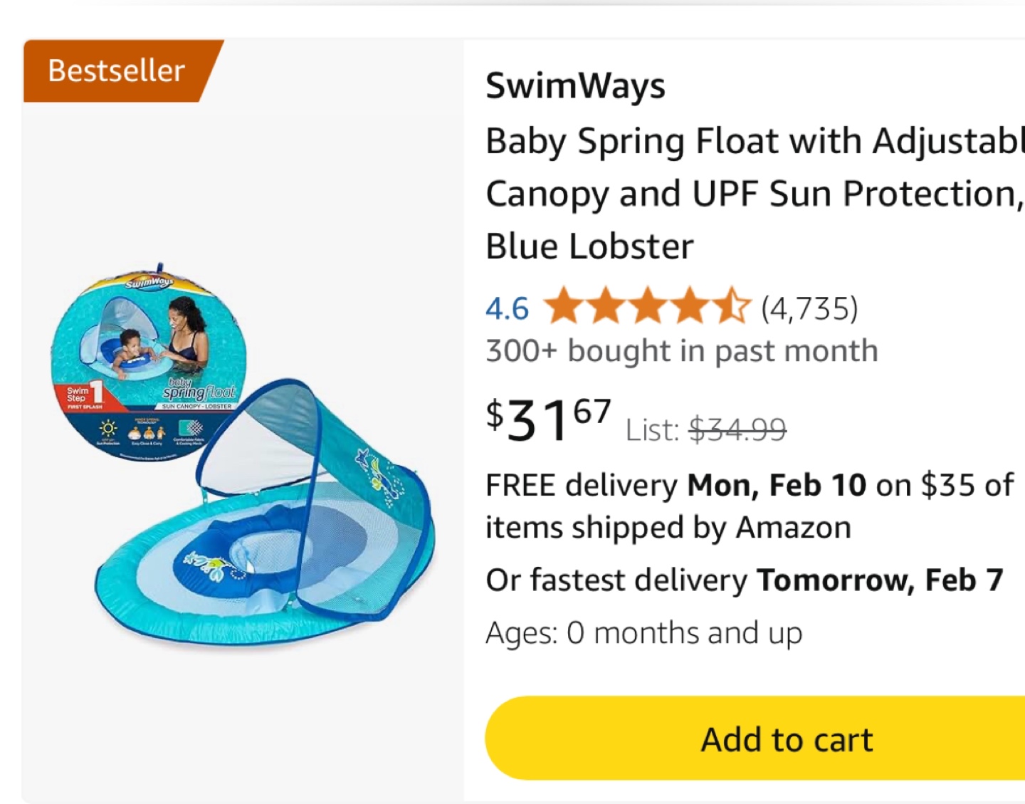 SwimWays Baby Spring Float with Canopy - Blue Lobster - photo 3