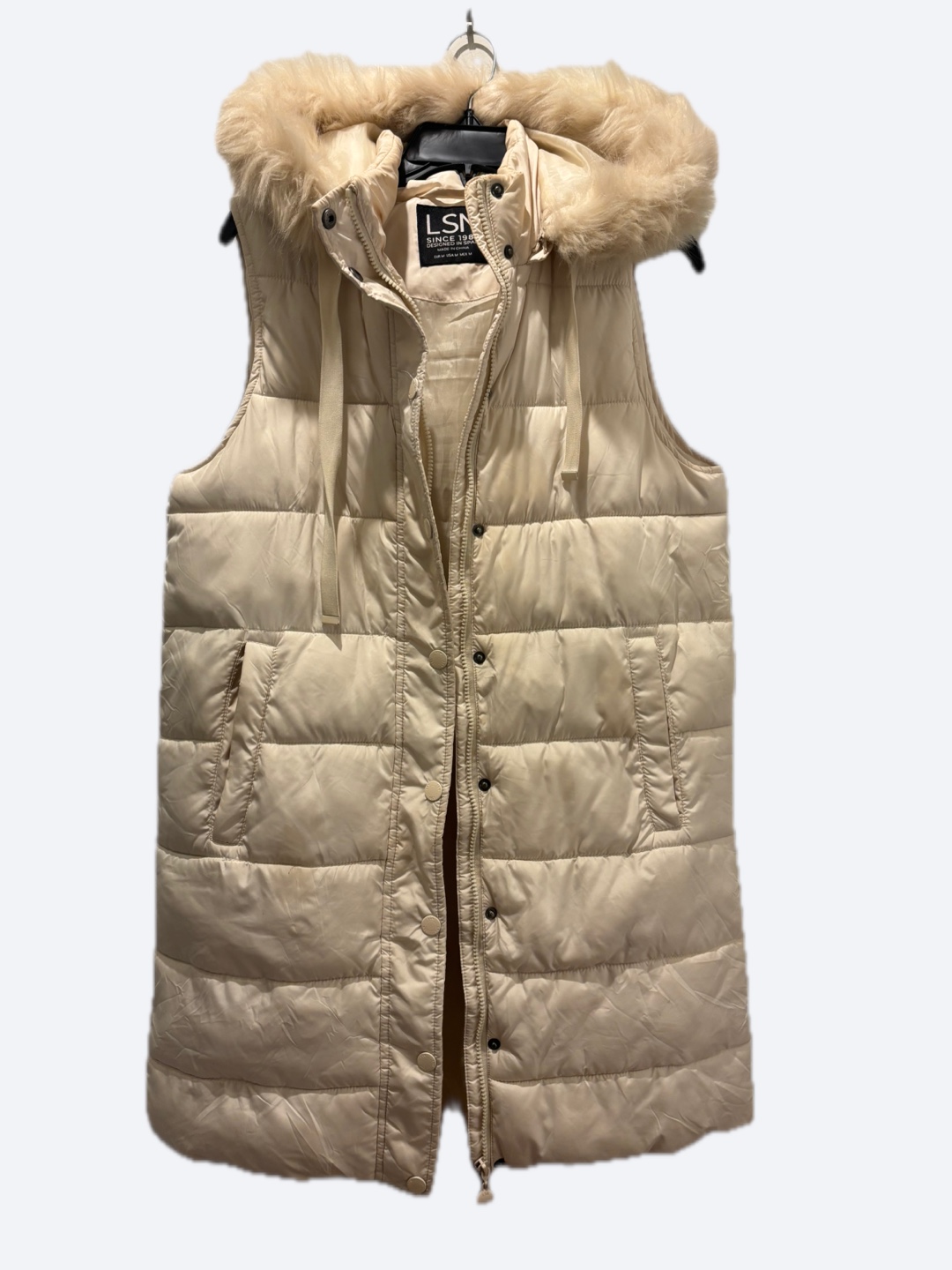 Long Cream Puffer Vest with Faux Fur Hood