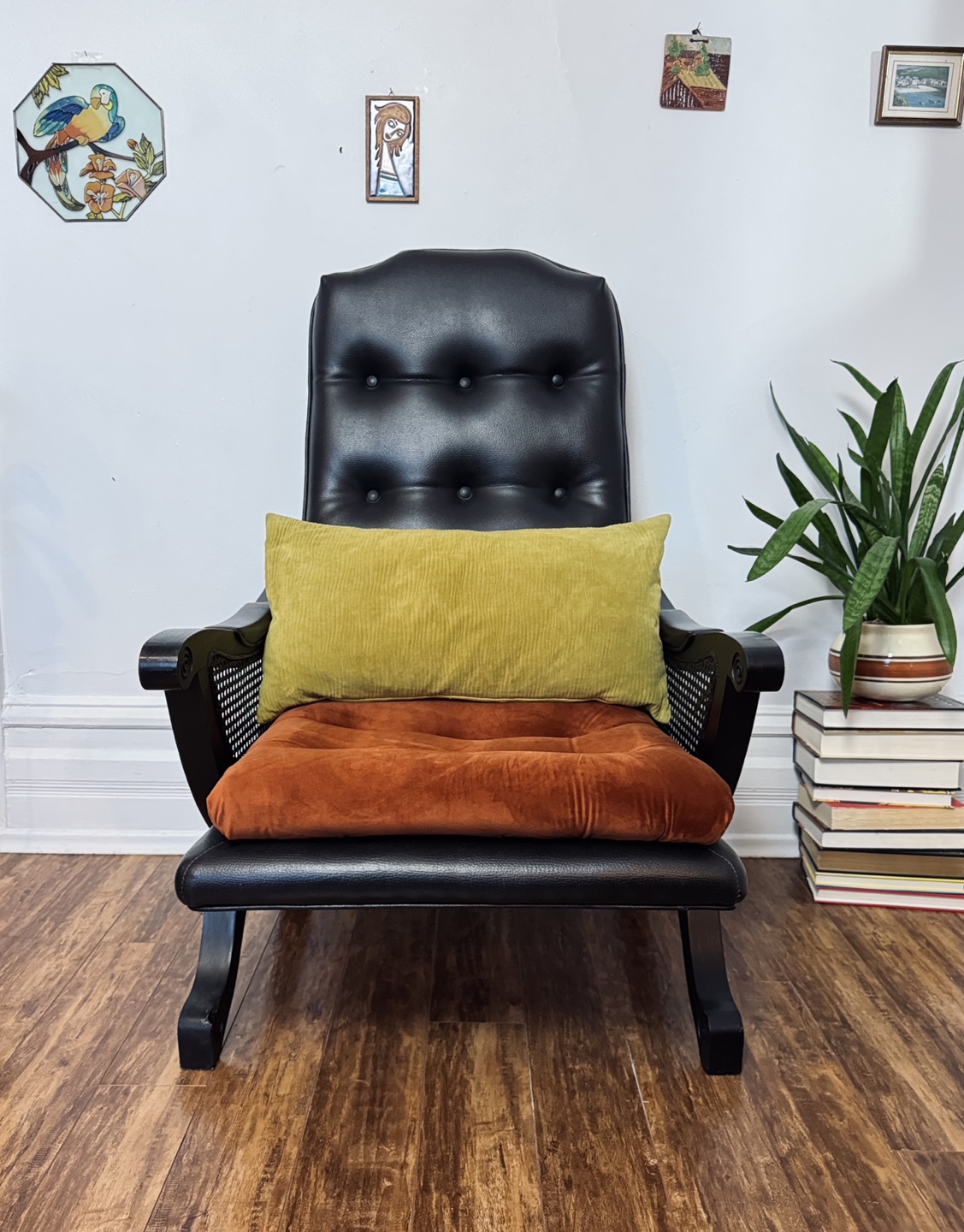 Vintage 60s Black Vinyl & Velvet Armchair