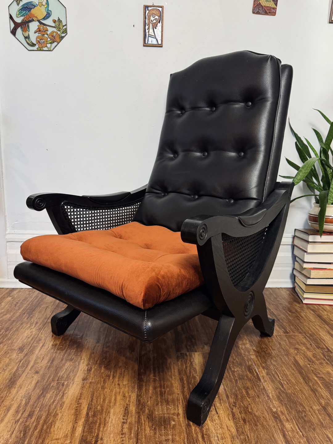 Vintage 60s Black Vinyl & Velvet Armchair - photo 4