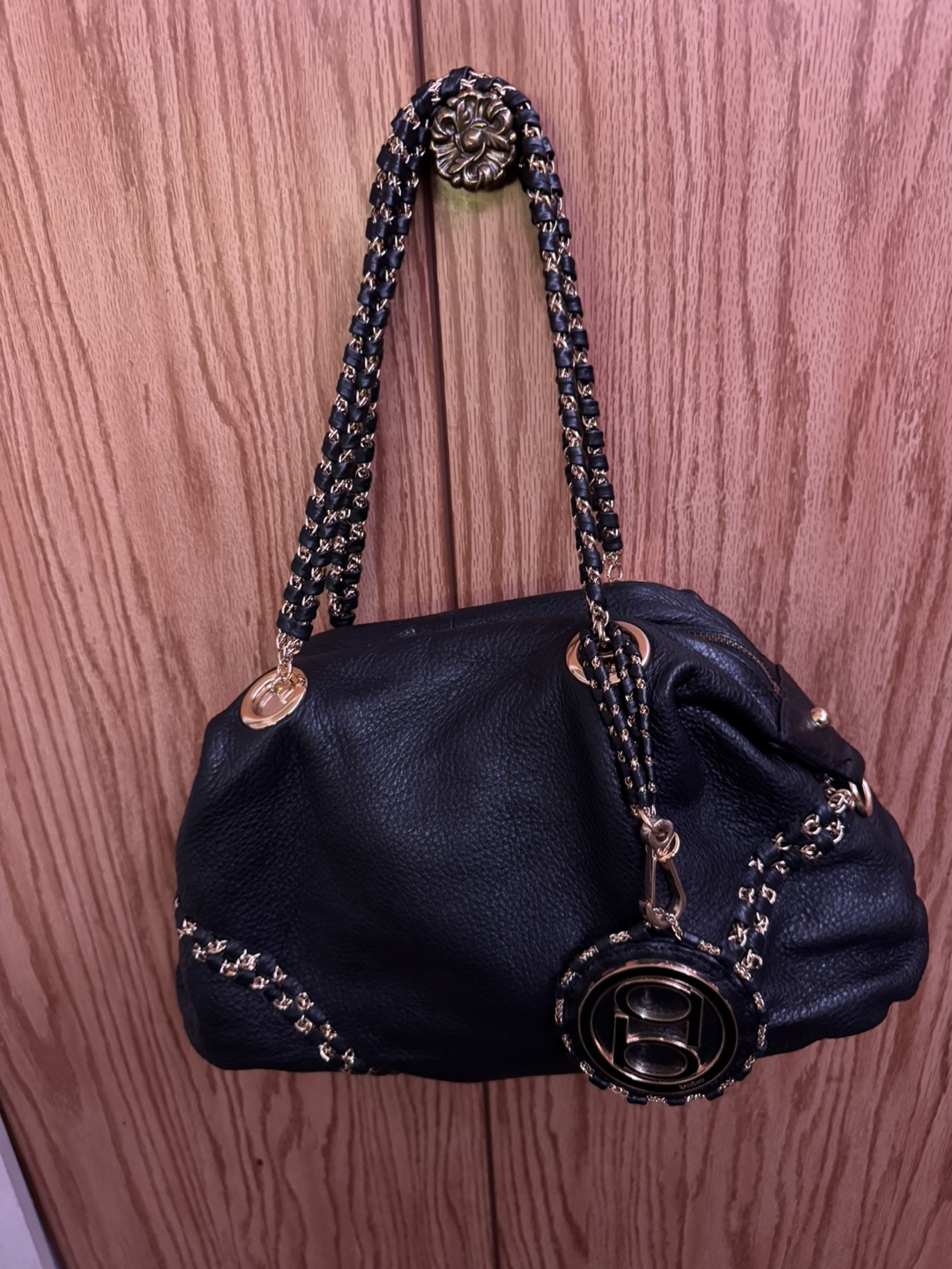 Black Leather Shoulder Bag with Gold Chain Strap